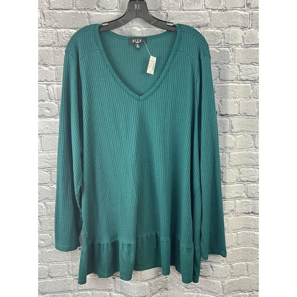 Dressbarn Womens Size 3X Teal Ribbed Long Sleeve V-Neck Ruffle Hem Top - Picture 1 of 8